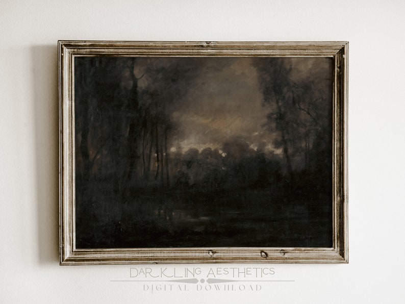 May include: A framed painting of a dark, moody forest scene with a lake in the foreground. The painting is in a simple, rustic frame.