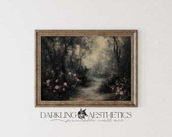 Dark Spring Landscape Print | Vintage Moody Victorian Floral Forest Printable Wall Art | Dark Academia Aesthetic | Digital Download