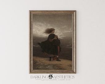 Girl on a Stormy Path Print | Vintage Moody Dark Victorian Woman & the Wind Printable Wall Art | Dark Academia Aesthetic | Digital Download