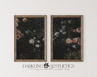 Set of 2 Split Painting Dark Floral Prints | Vintage Moody Roses Printable Gallery Wall Art | Dark Academia Aesthetic | Digital Download