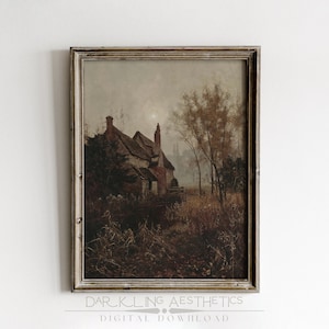 Old Fall Mill Painting | Vintage Moody Cottagecore Dark Autumn Landscape Printable Wall Art | Dark Academia Aesthetic | Digital Download