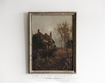 Old Fall Mill Painting | Vintage Moody Cottagecore Dark Autumn Landscape Printable Wall Art | Dark Academia Aesthetic | Digital Download
