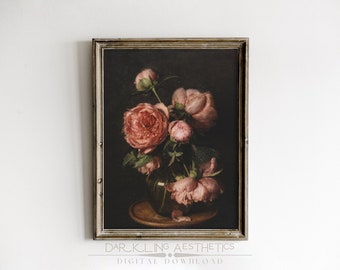Victorian Moody Roses Painting | Vintage Moody Floral Printable Wall Art | Dark Academia Aesthetic | Digital Download