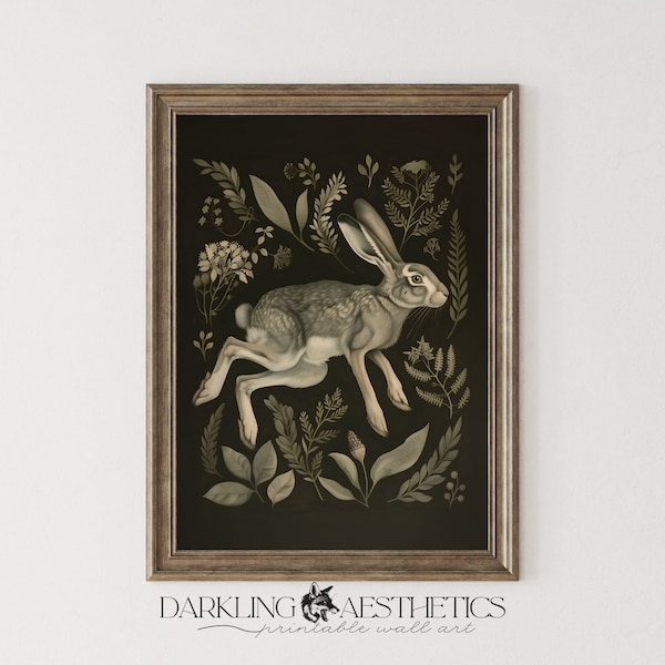 Botanical Rabbit Print | Vintage Moody Cottagecore Woodland Animal Printable Wall Art | Dark Academia Aesthetic | Digital Download