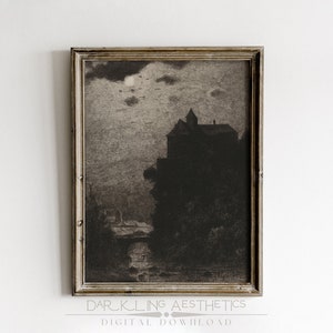 Vintage Moonlit Castle Print | Moody Dark Victorian Halloween Printable Wall Art | Dark Academia Aesthetic | Digital Download