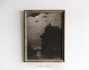 Vintage Moonlit Castle Print | Moody Dark Victorian Halloween Printable Wall Art | Dark Academia Aesthetic | Digital Download