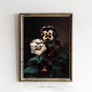 Victorian Pansies Painting | Vintage Moody Botanical Floral Printable Wall Art | Dark Academia Aesthetic | Digital Download