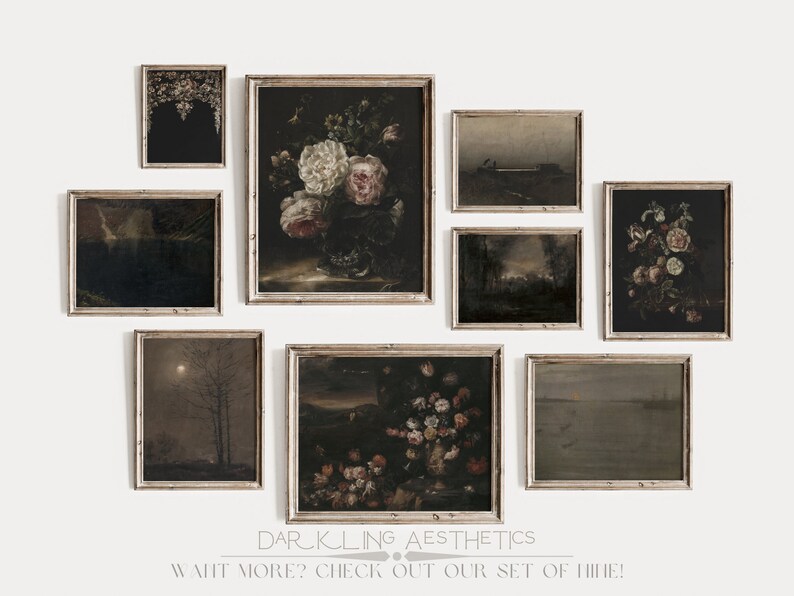 May include: A gallery wall featuring nine framed prints with dark, moody aesthetics. The prints depict various scenes, including landscapes, still lifes, and floral arrangements. The frames are all simple and elegant, with a light wood finish.