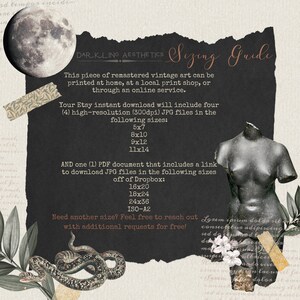May include: A digital art print sizing guide with a dark background and a collage of images. The text reads "DARKLING AESTHETICS Sizing Guide" and lists the different sizes available for purchase. The sizes include 5x7, 8x10, 9x12, 11x14, 16x20, 18x24, 24x36, and ISO-A2.