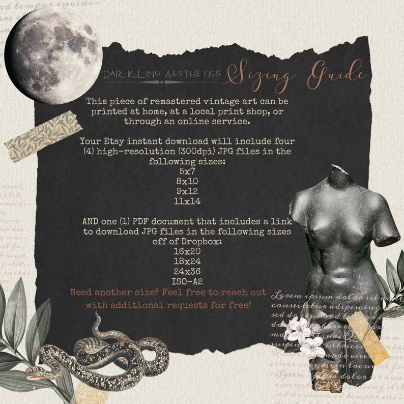 May include: A digital art print sizing guide with a dark background and a collage of images. The text reads "DARKLING AESTHETICS Sizing Guide" and lists the different sizes available for purchase. The sizes include 5x7, 8x10, 9x12, 11x14, 16x20, 18x24, 24x36, and ISO-A2.