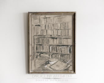 Vintage Library Sketch Print | Antique Degas Victorian Bookshelves Printable Wall Art | Dark Academia Aesthetic | Digital Download