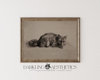 Fox Sketch Print | Vintage Moody Cottagecore Woodland Forest Wildlife Printable Wall Art | Dark Academia Aesthetic | Digital Download