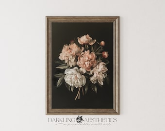 Peony Bouquet Print | Vintage Moody Cottagecore Florals Printable Wall Art | Dark Academia Aesthetic | Digital Download
