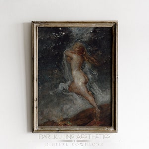 Spirit of the Night Print | Vintage Moody Celestial Woman & Stars Mythology Printable Wall Art | Dark Academia Aesthetic | Digital Download