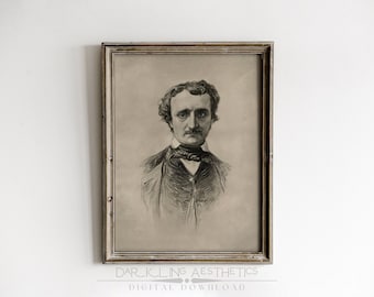 Edgar Allan Poe Skizze | Vintage schwermütige dunkle viktorianische Porträt Zeichnung druckbare Wandkunst | Dark Academia Ästhetik | Digitaler Download