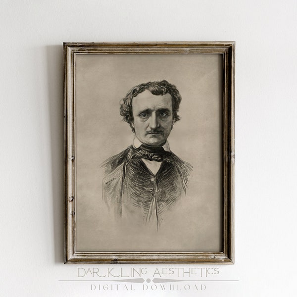 Edgar Allan Poe Sketch | Vintage Moody Dark Victorian Portrait Drawing Printable Wall Art | Dark Academia Aesthetic | Digital Download