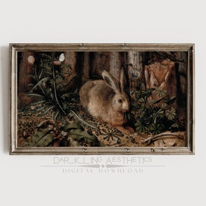 Samsung Frame TV Art | Dark Forest Rabbit Painting | Vintage Moody Cottagecore Plants & Insects | Dark Academia Aesthetic | Digital Download