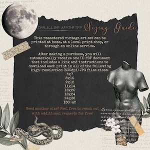May include: A black and white image with text that reads "DARIKLING AESTHETICS Sizing Guide". The text describes a remastered vintage art set that can be printed at home, at a local print shop, or through an online service. The text also lists the different sizes available for the art set, including 5x7, 8x10, 9x12, 11x14, 16x20, 18x24, 24x36, and ISO-A2.
