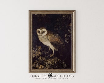 Owl in the Forest Painting | Vintage Neutral Moody Printable Wall Art | Dark Academia Aesthetic | Digital Download