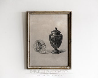 Crystal Skull & Jade Vase Print | Vintage Moody Victorian Sketch Printable Wall Art | Dark Academia Aesthetic | Digital Download