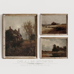 May include: A set of three framed landscape paintings in muted tones. The paintings depict a house in the distance, a field with a fence, and a lake with trees.