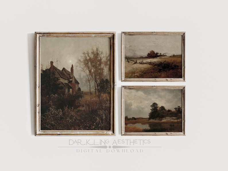 May include: A set of three framed landscape paintings in muted tones. The paintings depict a house in the distance, a field with a fence, and a lake with trees.