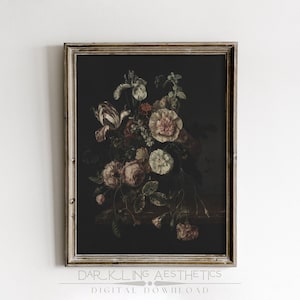 Dark Florals Painting | Vintage Moody Victorian Cottagecore Flowers Printable Wall Art | Dark Academia Aesthetic | Digital Download