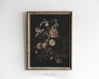 Dark Florals Painting | Vintage Moody Victorian Cottagecore Flowers Printable Wall Art | Dark Academia Aesthetic | Digital Download