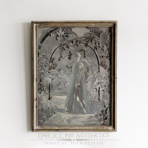 Impresión de espíritu de invierno / Vintage Moody Dark Cottagecore Snow Mythology imprimible arte de pared / Estética de la Academia Oscura / Descarga digital