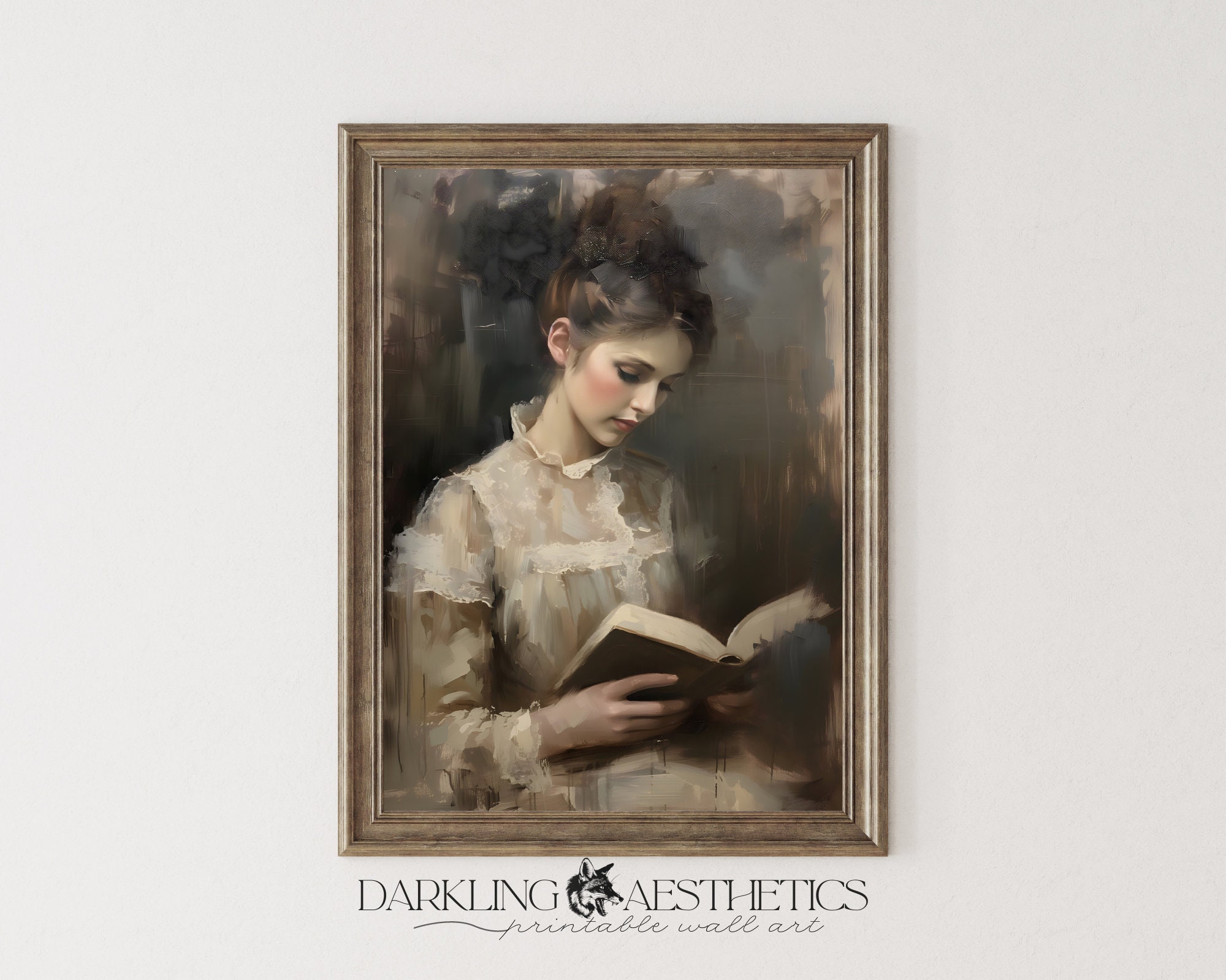 Woman with Book Print | Vintage Moody Cottagecore Victorian Reading Woman Printable Wall Art | Dark Academia Aesthetic | Digital Download
