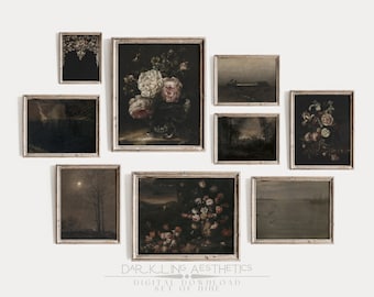Set of 9 Dark Florals & Landscapes Prints | Vintage Moody Victorian Printable Gallery Wall Art | Dark Cottagecore | Digital Download