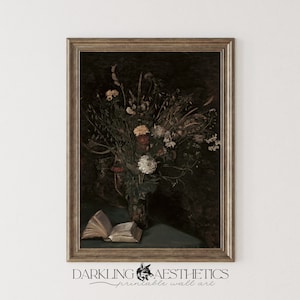 Blumen und offene Buchdruck | Stimmungsvoller viktorianischer Cottagecore Druckbare Wandkunst | Dark Academia Ästhetik | Digitaler Download