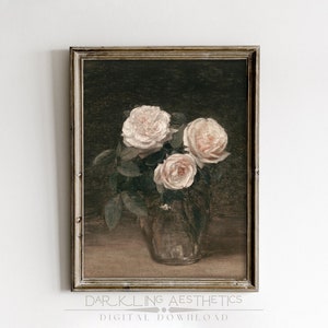 Vintage Roses Still Life Painting | Moody Victorian Floral Printable Wall Art | Dark Cottagecore Aesthetic | Digital Download