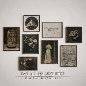 Stimmungsvolle viktorianische Drucke | Vintage Dark Academia ästhetische druckbare Galerie Wandkunst | Blumenmuster, Skelett, Motte | Digitaler Download