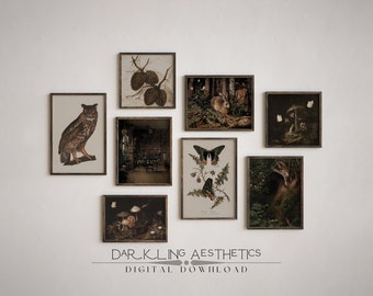 Set of 8 Dark Cottagecore Prints | Vintage Moody Dark Forest Academia Printable Gallery Wall Art | Mushrooms, Rabbit, Owl | Digital Download