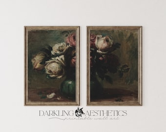 Set of 2 Split French Rose Painting | Vintage Moody Victorian Floral Printable Gallery Wall Art | Dark Academia Aesthetic | Digital Download