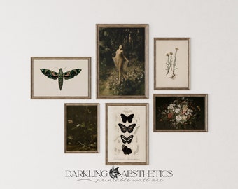 Set of 6 Cottagecore Prints | Vintage Moody Nature Dark Academia Printable Gallery Wall Art | Butterflies, Florals, Moth | Digital Download