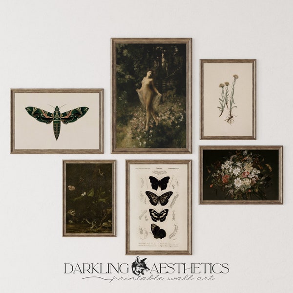 Set of 6 Cottagecore Prints | Vintage Moody Nature Dark Academia Printable Gallery Wall Art | Butterflies, Florals, Moth | Digital Download