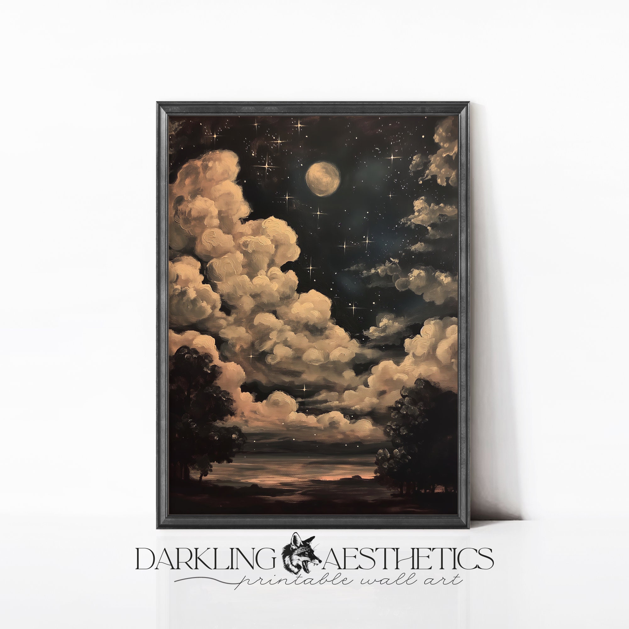 Cloudy Night Sky Print | Vintage Moody Celestial Dark Night Sky ...