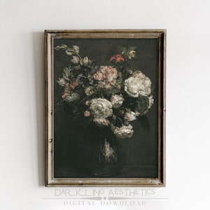 Moody Vase of Flowers Painting | Vintage Victorian Floral Printable Wall Art | Dark Academia Aesthetic | Digital Download