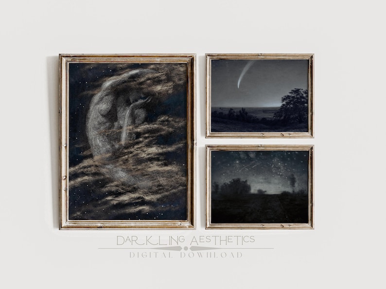Set of 9 Celestial Night Prints | Vintage Moody Dark Academia Mythology Printable Gallery Wall Art | Moon, Stars, Sky | Digital Download image 4