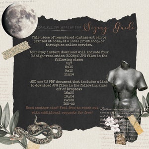 May include: A digital art print sizing guide with a dark background and a collage of images. The text includes the title "Darkling Aesthetics Sizing Guide" and lists different sizes available for purchase. The sizes include 5x7, 8x10, 9x12, 11x14, 16x20, 18x24, 24x36, and ISO-A2.