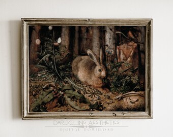 Dark Forest Rabbit Print | Vintage Moody Cottagecore Botanical Wildlife Printable Wall Art | Dark Academia Aesthetic | Digital Download