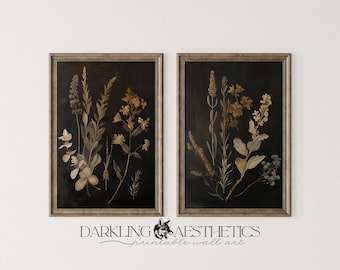 Set of 2 Dark Botanical Prints | Vintage Moody Cottagecore Florals Printable Gallery Wall Art | Dark Academia Aesthetic | Digital Download