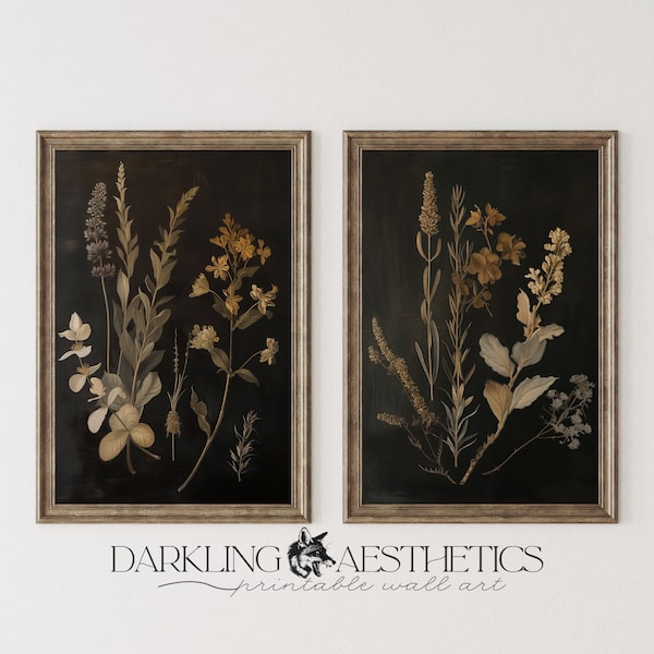 Set of 2 Dark Botanical Prints | Vintage Moody Cottagecore Florals Printable Gallery Wall Art | Dark Academia Aesthetic | Digital Download