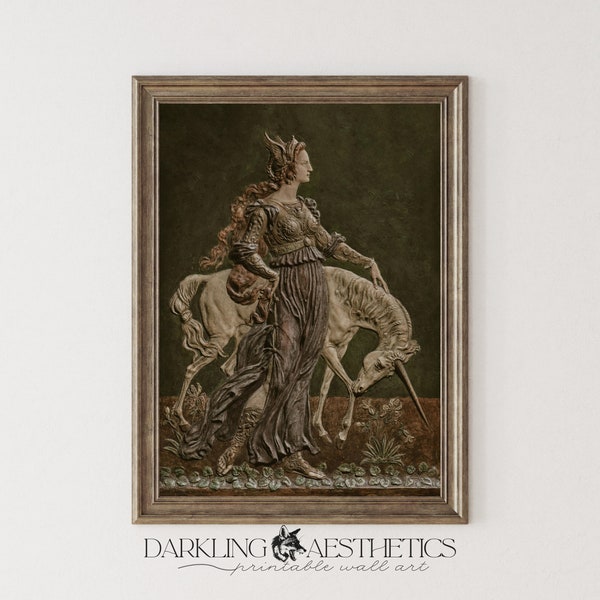 Lady and Unicorn Engraving Print | Vintage Moody Dark Cottagecore Mythology Printable Wall Art | Dark Academia Aesthetic | Digital Download