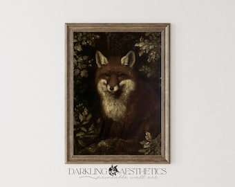 Impresión de zorro oscuro / Vintage Moody Woodland Forest Cottagecore Animal imprimible arte de pared / Estética de la Academia oscura / Descarga digital