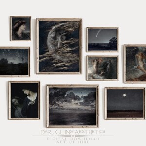 Set of 9 Celestial Night Prints | Vintage Moody Dark Academia Mythology Printable Gallery Wall Art | Moon, Stars, Sky | Digital Download image 1