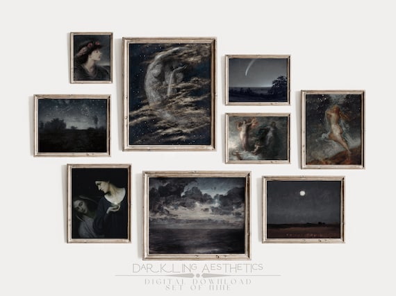 Set of 9 Celestial Night Prints | Vintage Moody Dark Academia Mythology Printable Gallery Wall Art | Moon, Stars, Sky | Digital Download
