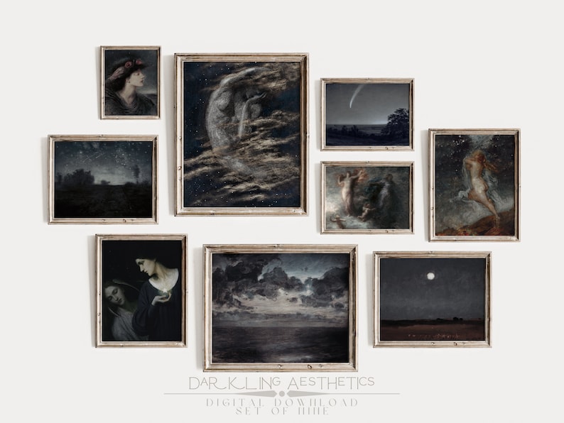 Set of 9 Celestial Night Prints | Vintage Moody Dark Academia Mythology Printable Gallery Wall Art | Moon, Stars, Sky | Digital Download image 1